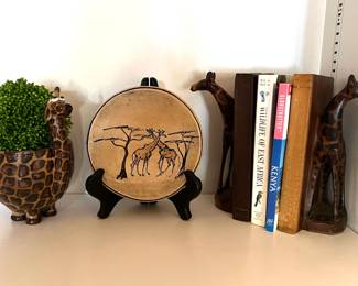 Giraffe planter, soapstone dish and wooden bookends