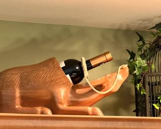 Hand carved wood water buffalo wine caddy