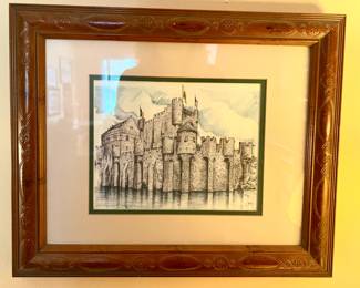 Framed castle illustration signed by L. Bay