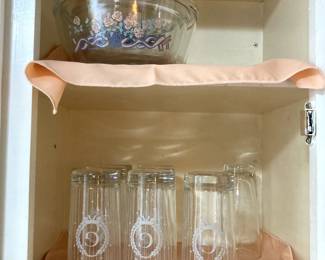 Archor ovenware set of 3 mixing bowl pink roses in basket "G" Monogrammed beverage glasses