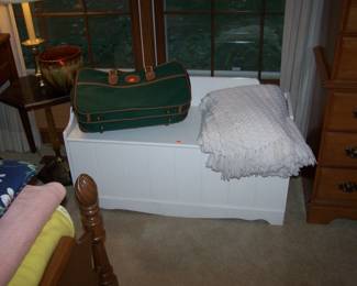 PAINTED TOY CHEST, WHITE AFGHAN & BAG
