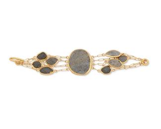 2134
A Jessica Weiss Stone Bracelet
21st century
Unmarked
A multistrand vermeil sterling bracelet with graduated slate river rock slabs
6.5" L x 1.375" H
25.8 grams gross
Estimate: $300 - $500
