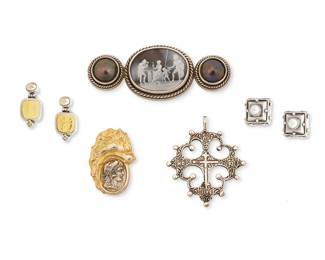 2138
A Group Of Classical-Style Silver And Set Stone Jewelry
Mid/late 20th century
Five marked for maker (one partial); three for sterling; one for gold
Five works comprising a Stephen Dweck 1996 sterling silver brooch with Classical mythological cameo and grey mabe pearls, a Jaded gold wash and silver coin "lion and Alexander" brooch, as well as a Cini antique-style cross pendant, and two pairs of earrings, including a pair of Italian Filli Menegatti sterling silver and 18K gold earrings with set etched glass squares, and a pair of Deborah Armstrong 1999 sterling silver earrings with set pearls, 7 pieces
Larger brooch: 1.375" H x 3.5" W; smaller: 1.5"vH x 1" W; pendant: 2" H x 1.75" W; earrings: 1.25" H and 0.75" H
89.9 grams gross
Estimate: $500 - $700
