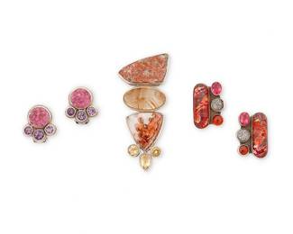 2067
A Group Of Sterling Silver And Set Stone Jewelry
Late 20th/21st century
Each marked for maker and for sterling
Three works comprising an Echo of the Dreamer set stone pendant/brooch with rutilated quartz, drusy, agate and gemstones, as well as a pair of Echo of the Dreamer earrings with set pink drusy and purple gemstones, and a pair of Amy Kahn Russell set Japanese glass and gemstone earrings, 5 pieces
Pendant: 3" H x 1.25" W; earrings: 1.125" H and 0.875" H
80.4 grams gross
Estimate: $200 - $400