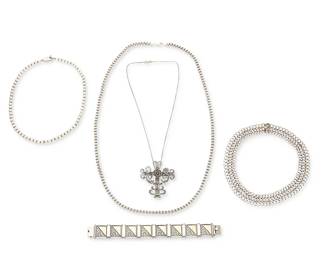 2207
A Group Of Sterling Silver Jewelry
Late 20th century
Each marked for sterling; four marked for maker
Five works comprising a vintage T. Foreé elaborate sterling silver cross pendant with various figural and floral motifs, with an associated chain, together with two Mexican silver necklaces, including a three row chain mesh collar, and a silver bead collar necklace, as well as a chunky Italian sterling silver chain, and a sterling silver square link bracelet with vermeil accents, 6 pieces
Pendant: 2.375" H x 2.25" W; necklaces: 32" L; 18" L; 15.25" L; bracelet: 8" L x 0.875" H
281.7 grams gross
Estimate: $400 - $600