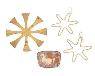2008
A Group Of Mixed Metal Modernist Jewelry
Mid-20th century
Three works:

Peggy Miller (b. 20th century)
A large brass brooch
Stamped verso: Peggy Miller
A star motif pin with eight tapered rays
3" Dia.

A mixed group of jewelry
Each unmarked
Comprising a cloisonné enamel brooch with multicolored horses (1.25" H x 1.75" W), together with a pair of brass wire star earrings (each: 2" Dia.), 3 pieces

4 pieces total
Estimate: $200 - $400