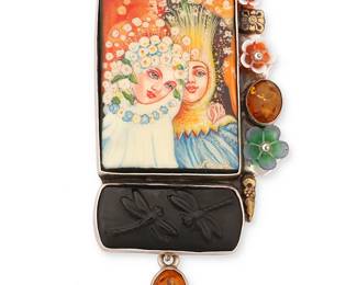 2060
An Amy Kahn Russell Sterling Silver And Amber Pendant/Brooch
Late 20th/21st century
Stamped: AKR / Sterling
A pendant/brooch with a signed Russian painted lacquer miniature of a Viennese ball with floral accents and carved onyx dragonfly panel, with amber drop
3" H x 1.75" W
29.3 grams gross
Estimate: $200 - $400