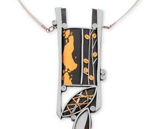 2104
A Wiwat Kamolpornwijit Modernist Necklace
21st century
Unmarked
An elaborate grey and gold painted polymer clay pendant necklace suspended from a four-wire collar with sterling silver clasp
16" L x 5" H x 1.75" W
Estimate: $200 - $300
