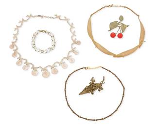 2161
A Group Of Silver Seasons Botanical Jewelry
Late 20th/21st century
Four marked for maker
Six works in cast metal designed by Michael Michaud comprising a necklace of segmented "twig" beads, a eucalyptus four-leaf necklace, a branch coral and sand dollar motif charm necklace, as well as a cherry twig dangle brooch, a bronze-toned metal leaf and lily of the valley blossom brooch, and a delicate natural pearl link bracelet, 6 pieces
Necklaces: 17" L; 16" L; bracelet: 7.5" L; brooches: 1.5" H x 3" W and 2.75" H x 2" W
Estimate: $400 - $600