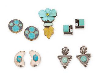 2116
A Group Of Silver And Set Stone Jewelry
Late 20th/21st century
Four marked for maker; three marked for sterling; one unmarked
Five works comprising an Amy Kahn Russell sterling silver and set stone brooch with carved blue stone flower, set turquoise, peridot, and serpentine, as well as four pairs of earrings with various set stones such as onyx, blue topaz, and turquoise, by makers including Echo of the Dreamer, and Jeremy Gicker, and a pair of mixed metal earrings with mosaic chip inlay by Celia Sebiri, 9 pieces
Pendant: 2.75" H x 1.75" W; earrings: largest: 2" H; smallest: 0.875" H
102.9 grams gross
Estimate: $500 - $700