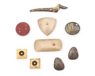 2068
A Group Of Sterling Silver Jewelry
Late 20th/21st century
Five marked for maker; six marked for sterling
Seven works comprising a Sydney Lynch sterling silver and gold long brooch with a pair of matching earrings, as well as a second pair of Sydney Lynch sterling silver earrings with gold and pearls, together with a Kim Keyworth sterling silver, 22k gold and mixed metal oval pendant/brooch with set gemstone, an Ayala Naphtali sterling silver and coconut shell round brooch, and two Michou-style sterling silver geometric brooches with set gemstones and textured vermeil finish, 9 pieces
Brooches: largest: 1" H x 4.25" W; smallest: 1.5" Dia.; earrings: 1.375" H and 1" H
91.4 grams gross
Estimate: $500 - $700