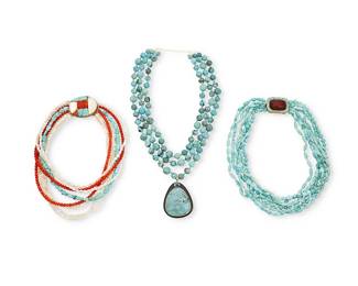 2179
A Group Of Gemstone Bead Necklaces
Late 20th century
Two marked for maker
Three works comprising two Celia Sebiri multistrand necklaces, one with turquoise strands in various bead sizes and a stone-set and chip inlay clasp, and one with turquoise, coral, and mother-of pearl strands with a chunky cobblestone inlay clasp, as well as a three-strand carved turquoise bead necklace with large turquoise pendant, 3 pieces
Necklaces: 18.5" L; 18" L; 17" L
Estimate: $300 - $500