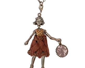 2112
A Maison Servane Gaxotte Poupée Necklace
Late 20th/early 21st century, France
Stamped to hang tag: Servane Gaxotte / Paris
A pendant necklace of a silver-toned metal doll with articulated body with diamanté accents and passementerie dress
3" H x 25" L
Estimate: $200 - $400