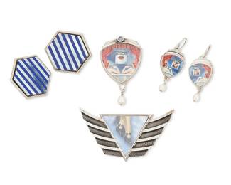 2196
A Group Of Sterling Silver Pictorial Jewelry
Late 20th/21st century
Each marked for maker and for sterling
Four works comprising three Dawn Estrin/George Wilson Art Deco-style works in sterling silver with inset pictorial graphic motifs, including a single brooch, as well as a set entitled "Coup de Ciel," comprising a second brooch with set gemstones and pearls, and a pair of matching earrings, together with a pair of Peter Brams Designs hexagonal earrings with inset mother-of-pearl and lapis lazuli, 6 pieces
Brooches: 1.125" H x 2.5" W and 2" H x 1.125" W; earrings: 1.75" H and 1.25" H
44.4 grams gross
Estimate: $200 - $400