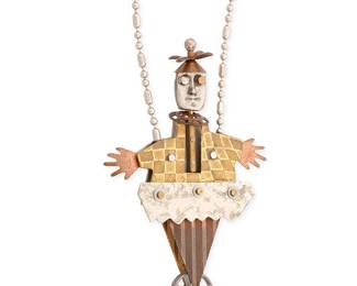 2052
A Vintage Beth Piver Pendant/Brooch Necklace
Late 20th/21st century
Marked for artist
A whimsical mixed metal articulated pendant/brooch of a two-faced figure on a wheel with textured metal features on a silver metal ball chain
30" L x 3.75" H x 2.375" W
35.1 grams gross
Estimate: $200 - $400