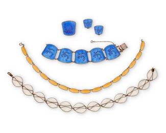 2095
A Group Of Norwegian Modernist Sterling Silver And Enamel Jewelry
Mid/late 20th century
Each signed for maker, for Norway, and for sterling
Five works comprising a set of Knut Andreas Rasmussen sterling silver and blue guilloché enamel jewelry including a link bracelet, a matching brooch and a pair of clip earrings, as well as two David Anderson guilloché enamel link necklaces, one with yellow enamel oval links and one with white enamel double leaf motif links, 6 pieces
Necklaces: 15.25 " L and 15" L; bracelet: 7.25" L x 1.375" H; brooch: 1.375" H x 1.25" W; earrings: 0.875" H
153.7 grams gross
Estimate: $500 - $700