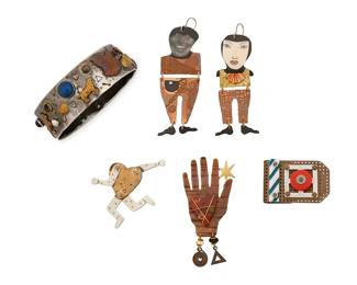 2115
A Group Of Whimsical Mixed Metal Jewelry
Late 20th/21st century
Three marked for maker
Five works comprising four mixed metal items including a running heart brooch, and a metal mesh money clip with multicolored acrylic accents, each by Thomas Mann, as well as a similar style hand brooch and a pair of figural earrings with faces and articulated bodies, together with a Robin Lee Becker sterling silver and set gemstone bangle bracelet with mixed metal pictorial animal overlay motifs and various set gemstones, 6 pieces
Bangle: 7.75" inner C x 0.875" H; brooches: 2.75" H x 1.25" W and 1.75" H x 2" W; clip: 1.125" H x 1.75" W; earrings: 3.5" H
Bangle: 63.8 grams gross
Estimate: $200 - $400