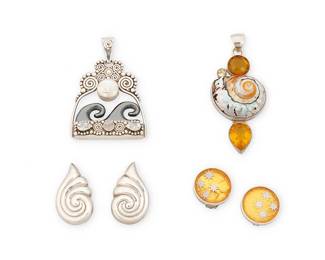 2197
A Group Of Sterling Silver Jewelry
Late 20th/21st century

Four works comprising a Sajen sterling silver "Moon and Waves" pendant, with hematite waves and set moonstone, and a sterling silver and shell pendant with set yellow stones, as well as a pair of Victoria Varga sterling silver and yellow resin round earrings, and a pair of sterling silver repoussé swirl earrings, 6 pieces
Pendants: 3.5" H x 1.625" W and 3" H x 2" W; earrings: 1.625" H and 1" Dia.
101.3 grams gross
Estimate: $500 - $700