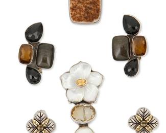 2195
A Group Of Sterling Silver And Gemstone Jewelry
Late 20th/21st century
Four marked for sterling; three marked for maker
Four works comprising an Amy Kahn Russell carved mother-of-pearl, citrine, and mabe pearl stacked floral brooch/pendant, a pair of Amy Kahn Russell set stone clip earrings with obsidian, topaz, and onyx, a pair of diminutive Konstantino sterling silver and 18K gold quatrefoil clip earrings, and a sterling silver drusy pin, 6 pieces
Brooches: 2.75" H x 1.25" W and 1.375" H x 1" W; earrings: 1.75" H and 0.75" Dia.
72.4 grams gross
Estimate: $300 - $500