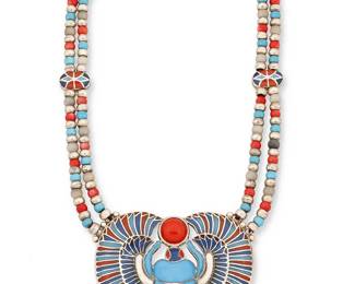 2148
An Egyptian Revival Enameled Necklace
Mid/late 20th century
Stamped with Egyptian hallmarks
A large sterling silver winged scarab pendant suspended from a double strand necklace with enameled spacers
17.5" L x 2.75" H
166.4 grams gross
Estimate: $400 - $600