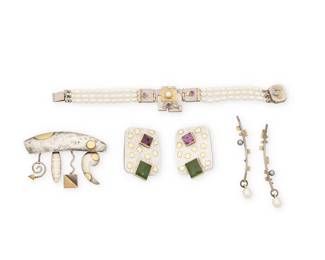 2050
A Group Of Abstract Silver And Gemstone Jewelry
Late 20th/21st century
Three marked for maker and for sterling
Four works comprising an Anne Besse Shepherd set stone and pearl bracelet, a pair of designer sterling silver and 22K gold earrings with set amethyst and jade, a Sydney Lynch abstract brooch with dangles, and a pair of similar modernist-style pearl earrings, 6 pieces
bracelet: 7" L x 0.875" H; brooch: 1.75" H x 2.5" W; earrings: 2.5" H and 1.5" H
57.2 grams gross
Estimate: $800 - $1,200