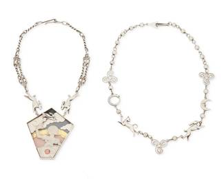 2011
Two Sterling Silver Pictorial Leaping Hare Necklaces
Late 20th/21st century
Each marked: RP [or PR, conjoined in a circle] / Sterling
Two works comprising a fanciful sterling silver and carved stone pictorial necklace with silver twisted link and "hare" chains suspending a large fanciful pentagon pendant with silver winged hare/rabbit and carved stone figure with layered colored carved stone clouds and backgrounds, as well as a sterling silver link necklace with Celtic motifs including a leaping hare, a cat, an ouroboros serpent, a crescent moon, and multiple triskele of triple spirals, 2 pieces
Larger: 19" L x 3.25" H; smaller: 24" L
187.4 grams gross
Estimate: $600 - $800