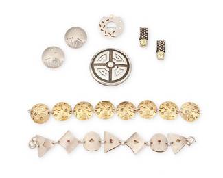 2140
A Group Of Silver Jewelry
Late 20th/21st century
Three marked for maker; five marked for sterling
Six works comprising a Joseph Downs brushed silver geometric link bracelet with set gemstones, as well as a Michou Paris vermeil silver round link "sand dollar" bracelet, together with a Michou-style sterling silver and diamanté small brooch and a pair of similar design sterling silver disc earrings, a pair of Deb Armstrong sterling silver and gemstone earrings, and a sterling silver geometric maze motif round brooch, 8 pieces
Bracelets: 7.5" L x 1" H and 7" L x 0.875" H; brooches: 1.75" Dia. and 1.125" Dia.; earrings: 1" H and 0.875" H
110.6 grams gross
Estimate: $600 - $900
