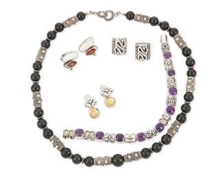 2227
A Group Of Sterling Silver And Gemstone Jewelry
Late 20th/21st century
Four marked for maker and for sterling
Five works comprising a DVA onyx and marcasite beaded necklace, a Deb Armstrong sterling silver link bracelet with set amethysts, two pairs of Deb Armstrong earrings, one pair with mabe pearls, and a pair of Echo of the Dreamer pearl and gemstone earrings, 8 pieces
Necklace: 19.5" L; bracelet: 7.75" L; earrings: 0.875" H; 0.75" H; 0.625" H
145.8 grams gross
Estimate: $300 - $500