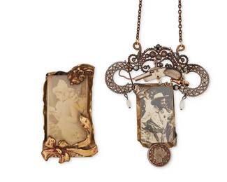 2084
A Group Of Heidi Watson/Zubie Originals Jewelry
Circa 1992
Each marked and inscribed with date and for maker
Two works in mixed metal with "found objects" comprising an elaborate pendant necklace with a 19th century-style photo, western motifs, and marcasite elements, as well as a brass-set photo brooch, 2 pieces
Necklace: 18" L x 4.125" H x 3.625" W; Brooch: 3.5" H x 2" W
Estimate: $200 - $400