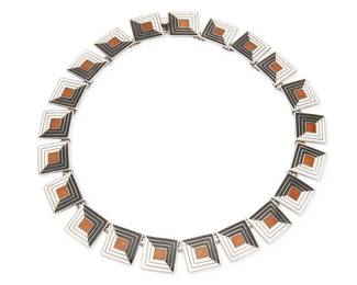 2094
A Margot De Taxco Mexican Silver And Enamel "Shadowbox" Link Necklace
Circa 1955-1978; Taxco, Mexico
Stamped: Margot de Taxco / Sterling / Made in Mexico / [Eagle 16] / [Design number])
Designed by Margot Van Voorhies (1896-1985), and comprising a black, white, and bronze enamel square link sterling silver necklace No. 5461
15.5 " L x 0.75" H
93.5 grams gross
Estimate: $300 - $500