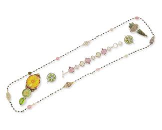 2190
A Group Of Sterling Silver And Set Stone Jewelry
Late 20th/21st century
Three marked for maker; four marked for sterling
Five works comprising a Mars & Valentine sterling silver and set stone link bracelet with quatrefoil and set glass links, an Echo of the Dreamer sterling silver and set gemstone and drusy pendant/brooch, as well as a sterling silver Amy Kahn Russell pendant/brooch with set green quartz and vintage Czech glass buttons, together with a pair of DVA similar style green Czech glass button earrings, and a delicate vermeil sterling silver opera necklace with tourmaline and pink sapphires, 6 pieces
Necklace: 44" L; bracelet: 7.5" L; brooches: 4.125" H x 1.75" W and 2.75" H x 1.375" W; earrings: 1" Dia.
136.1 grams gross
Estimate: $600 - $800
