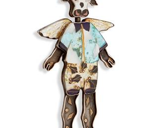 2113
A Kristin Holeman Enamel "Cow Spirit" Pendant/Brooch
Circa 2001
Etched verso: Kristin Holeman / Sterling Silver / 22K / + 24K / © / 2001
A large whimsical sterling silver with 22K & 24K gold standing winged cow brooch/pendant with cloisonné enamel face and clothing details, with a bird atop his head
4.875" H x 2.5" W
72.6 grams gross
Estimate: $600 - $800