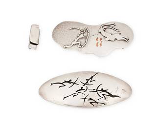 2120
Two Antonio Pineda Mexican Silver Lascaux-Motif Buckles
Antonio Pineda (1919-2009)
Circa 1953-1979; Taxco, Mexico
Each with crown mark for Antonio Pineda; further variously stamped: [Eagle 17] / Hecho en Mexico / Silver / 970 / PZ148 / PZ149
Comprising two Lascaux-motif sterling silver belt buckles, one with silver overlay and copper inlay (No. PZ 150; 2.75" H x 5.5" W) and one with a shadowbox design of multiple figures (No. PZ148; 2.325" H x 5.75" W), together with one attachment link, 3 pieces
285.3 grams gross
Estimate: $600 - $800