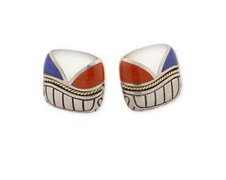 2093
A Pair Of Asch Grossbardt Gemstone Inlay Earrings
Late 20th/21st century
Stamped: AG [conjoined] / Asch Grossbardt / 18K / 925
A pair of rounded square earrings in 18K gold and sterling silver with lapis lazuli, coral, and mother of pearl inlay, 2 pieces
Each: 0.75" H x 0.75" W
14.1 grams gross
Estimate: $400 - $600