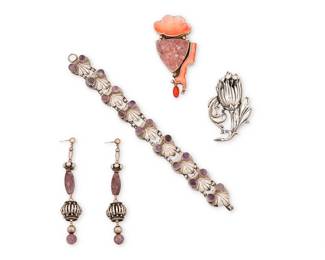 2103
A Group Of Silver And Stone Set Jewelry
Mid/late 20th century
Three marked for maker and for sterling
Four works comprising a Mexican silver and amethyst cicada-motif link bracelet; a sterling silver Amy Kahn Russell pendant/brooch with stacked set shell, coral, and drusy stone; a Jewelart sterling silver floral brooch and a pair of silver-toned bead and purple stone pendant earrings, 5 pieces
Bracelet: 8" L x 0.75" H; pendant: 3" H x 1.5 " W; brooch: 2.5" H x 1.5" W; each earring: 3.5" H
113.5 grams gross
Estimate: $500 - $700