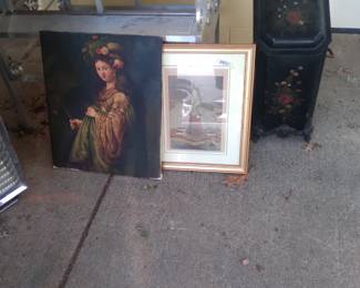 Oil on canvas aND VINTAGE HAND COLORED PRINT OF STATUE OF LIBERTY
