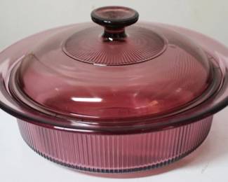 191 - Corning Cranberry Glass Dish w/ Lid - 11" round
