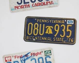 212 - 3 License Plates includes 2 North Carolina plates and 1 Pennsylvania plate
