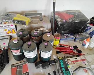 Tackle box, Colman camping propane, painting items, Corvette vacuum, jumbo box ear plugs.