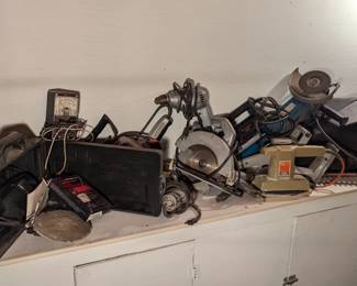 Craftsman sander and polisher, utility tester, black and Decker special reversing drill and jig saw, Stanley circular saw. Fury drill, Ryobi angle grinder, Sears hedge trimmers BP neumatic, engine heaters