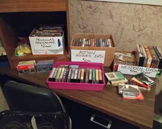 Western classic movies with John wAyne and the like, peliculas Mexicans DVDs, CDs, audio tapes, petite metal desk with chair