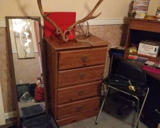 Mirrors, luggage, small tall dresser, tv tray, deer/elk antlers.