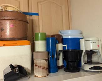 Vintage thermos items, microwave coffee maker, mini mr coffee.