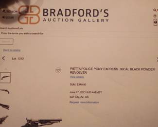 Pietta Police Pony Express .36 CAL BLACK POWDER REVOLVER. SOLD AT AUCTION IN 2021 FOR $340.00. Yours TODAY for $250.00 WITH Holster. Text Chris at 386-405-1867 if interested.