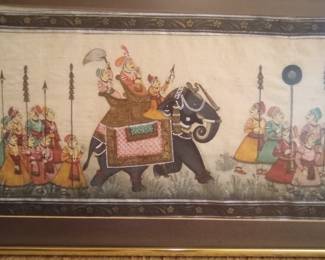 Antique Persian Painting on Silk Noble Procession on Elephant