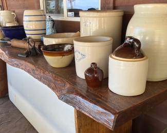 Collection of crocks
Blue stripe crock dispenser
( slab table not for sale )