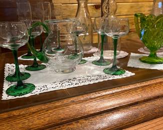 Blown glass pitcher set with green stems