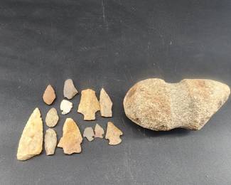 Archaic fully grooved Native Am. axe & arrowheads