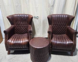 Leather wing back chairs and ottoman