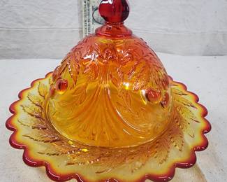 Vintage LG Wright Amberina 3 cherry butter dish